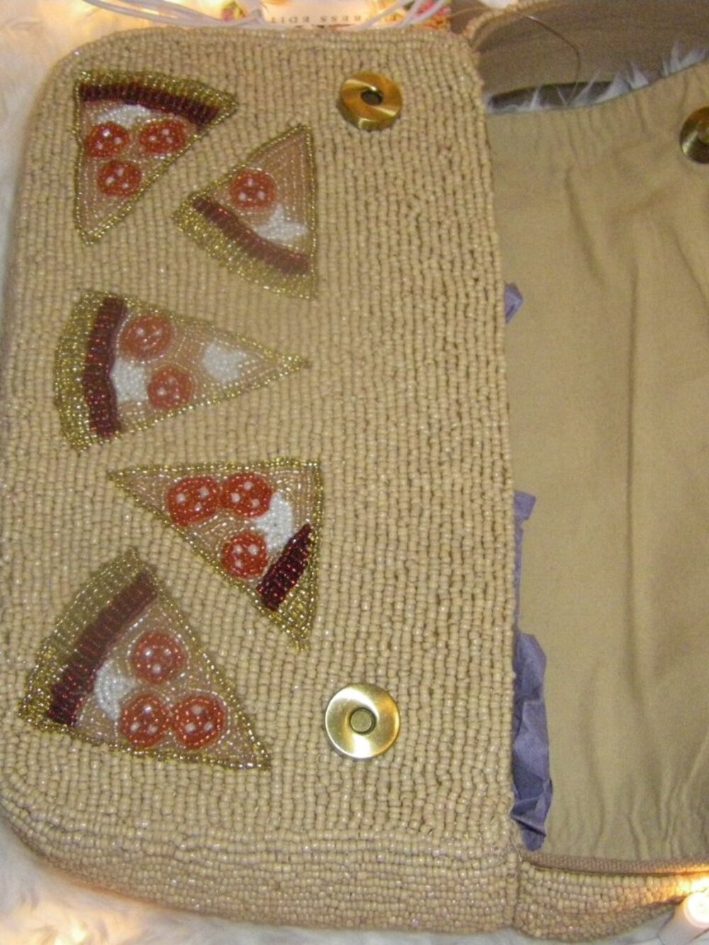 Viral Beaded Bag by Express Edit Tan/Red/Gold Pizza Slice Shoulder Bag NWT - Picture 10 of 13